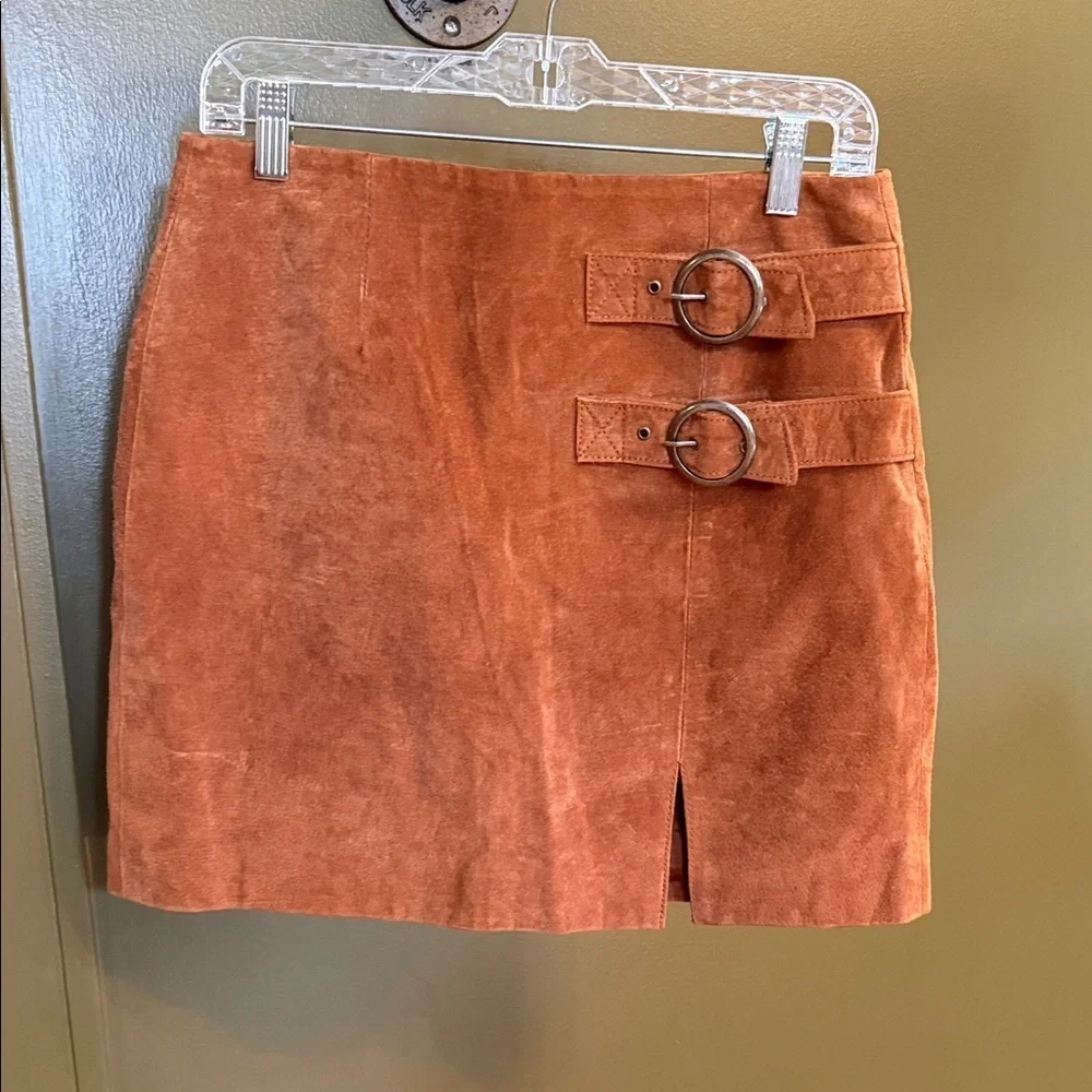 Blank NYC Tan Suede Mini Skirt with Buckle Accents
